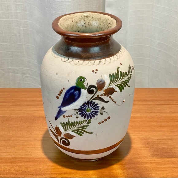 VTG Santana Tonala Art Pottery Vase 7" Tall Made in Mexico Painted Bird Floral - Picture 6 of 16